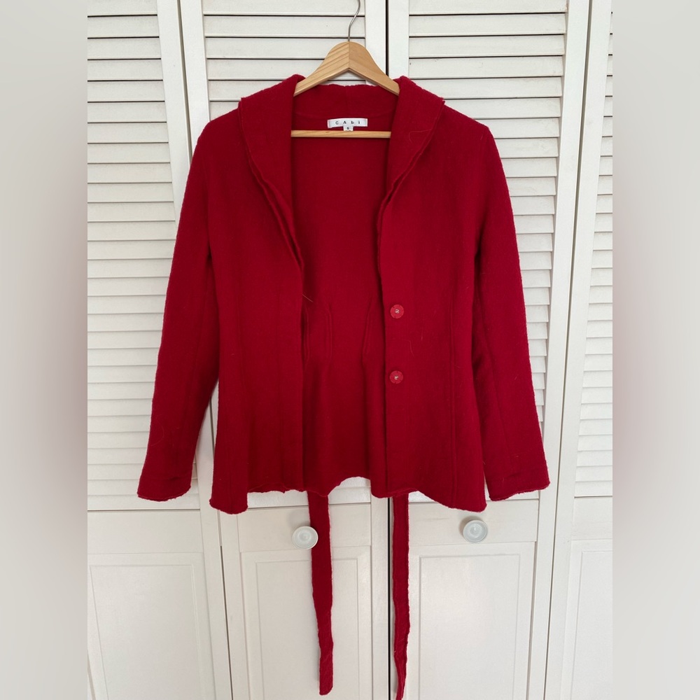 Red Merino Shawl Collar Sweater Jacket CAbi